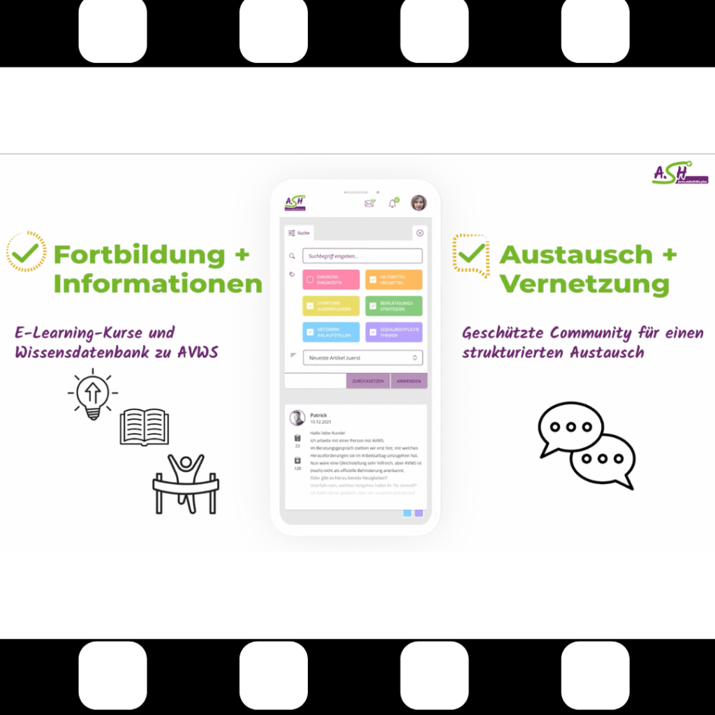 Zentrale Smartphone-Darstellung mit App-Oberfläche, links Text 'Fortbildung + Informationen' mit E-Learning-Kursen und Wissensdatenbank, rechts Text 'Austausch + Vernetzung' mit Community für strukturierten Austausch