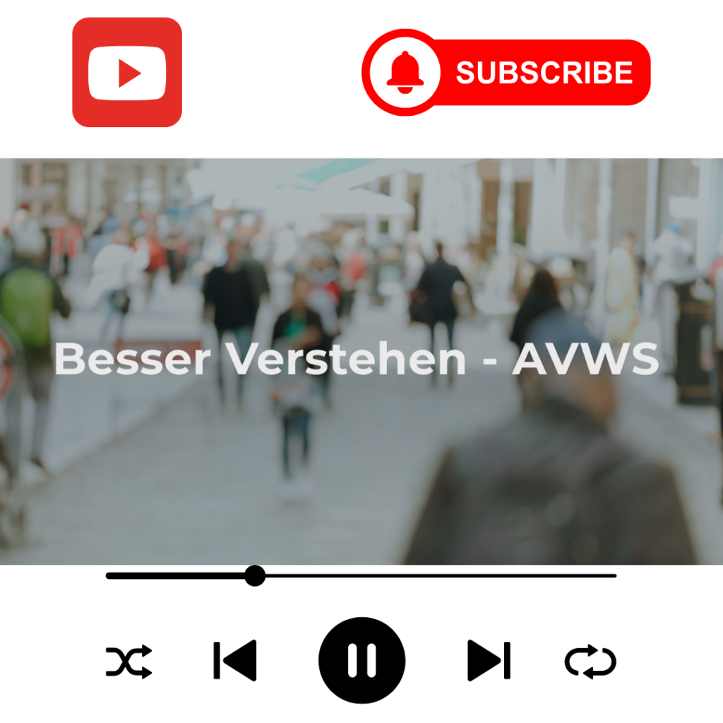 Video-Titel 'Besser Verstehen - AVWS' mit unscharfem Hintergrund einer belebten Straße und Wiedergabesteuerung darunter