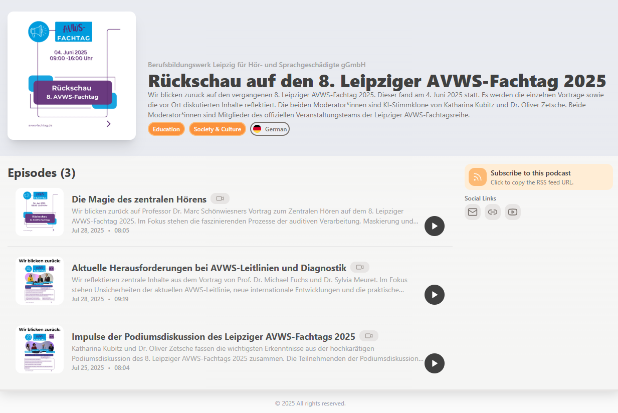 Übersichtseite mit den Folgen zum Podcast Rückschau auf den 8. Leipziger AVWS-Fachtag